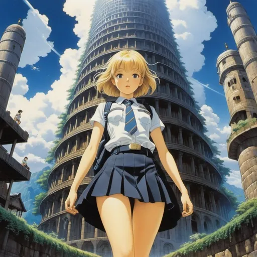 Prompt: Aquirax Uno, Margaret Tarrant, katsuhiro Otomo, Surrealism, wonder, strange, bizarre, fantasy, Sci-fi, Japanese anime, Tower of Babel in your pocket, everything is connected, a beautiful high school girl in a miniskirt who visualizes the darkness, perfect voluminous body, detailed masterpiece 