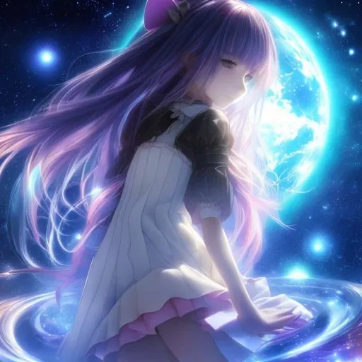 Prompt: Hiroya Oku, Margaret Tarrant, Surreal, mysterious, strange, fantastical, fantasy, Sci-fi, Japanese anime, miniskirt blonde beautiful girl Alice, perfect body, whisperer in the darkness, cat punch in space, nanotechnology and quantum theory