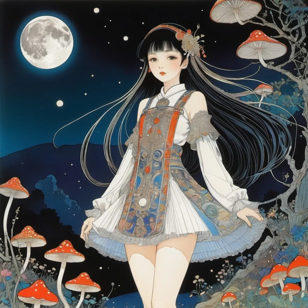 Prompt: Harry Clarke, Claude Francis Barry, Shigeru Tamura, Aya Takano, Edmund Blampied, Surrealism, wonder, strange, bizarre, fantasy, Sci-fi, Japanese anime, glowing mushrooms and Kaguya's ladder, the moon and the earth are connected, night sleep, miniskirt beautiful high school girl, perfect voluminous body, detailed masterpiece low high angles perspectives 