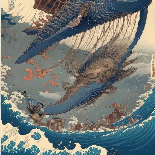 Prompt: Jean Giraud, Katsushika Hokusai　Eugène Grasset, Japanese anime, sci-fi fantasy circus trapeze flying whale cicada　Alice at the Tea Party Hyperdetailed high definition high resolution high quality masterpiece