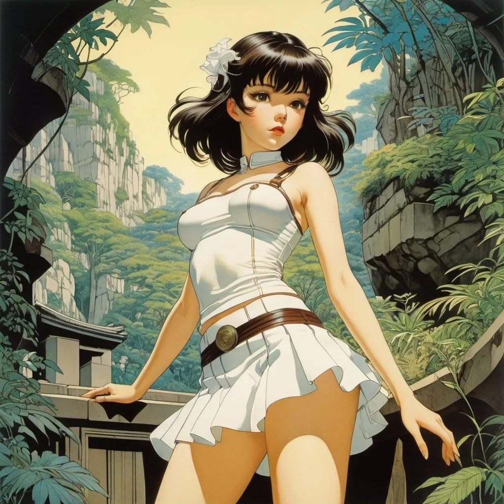 Prompt: George Barbier, Mihály Zichy, Arthur Ernst Becher, Masamune Shirow, Natsuki Takaya, Surrealism, wonder, strange, bizarre, fantasy, Sci-fi, Japanese anime, network jungle, labyrinth behind the lens, beautiful high school girl in a miniskirt looking in, perfect voluminous body, detailed masterpiece 