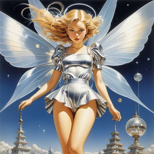 Prompt: Sergey Solomko, Elsa Beskow, Hajime Sorayama, Alfred Roller, Nell Brinkley, Surrealism, wonder, strange, fantastical, fantasy, Sci-fi, Japanese anime, metal fairies, dreams of accumulated bodies, beautiful high school girls in miniskirts, or wonderfully lovely devices, perfect voluminous body, detailed masterpiece 