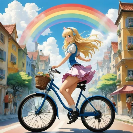 Prompt: Nikolaos Gyzis, Dimitris Taxis, Ilias Kyriazis, Susanne Wenger, Naoyuki Kato, Surrealism, wonder, strange, fantastical, fantasy, Sci-fi, Japanese anime, the city on the other side of the rainbow, beautiful blonde miniskirt girl Alice crossing the rainbow on a bicycle, perfect voluminous body, bird's eye view, fairy tale, detailed masterpiece 