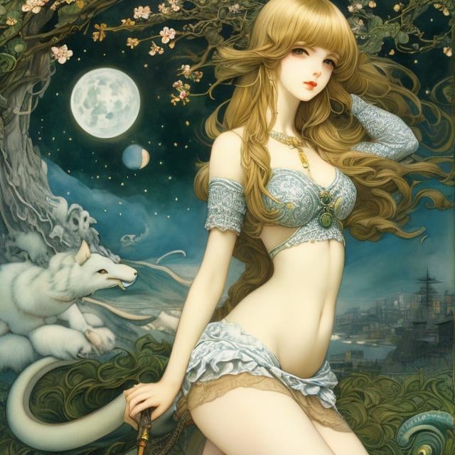 Prompt: Ul de Rico, Walter Crane, Surreal, mysterious, strange, fantastical, fantasy, Sci-fi, Japanese anime, pictures and paintings, heaven, earth, people, mimesis, dragons and samurai, hymn to the moon, miniskirt beautiful girl Alice, perfect voluminous body, detailed masterpiece high resolution definition quality