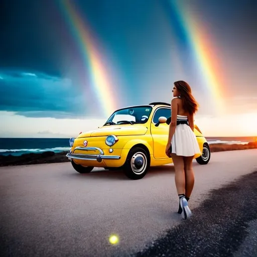 Prompt: Gösta Adrian-Nilsson, Barbara Cooney, Surreal, mysterious, strange, fantastical, fantasy, Sci-fi, anime, rainbow on the horizon, light yellow FIAT500 miniskirt beautiful girl, perfect voluminous body, detailed masterpiece 