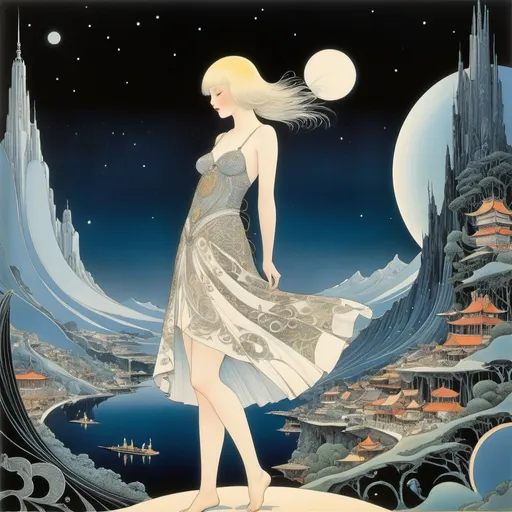 Prompt: Frank Brunner, Kay Nielsen, Rick Berry, Surrealism, wonder, strange, bizarre, fantasy, Sci-fi, Japanese anime, shape of the night, books are dark toys, pictorial pilgrimage, Creation map, Go cosmology, from Genesis to information space, universe of creativity, miniskirt beautiful girl, perfect voluminous body, detailed masterpiece 