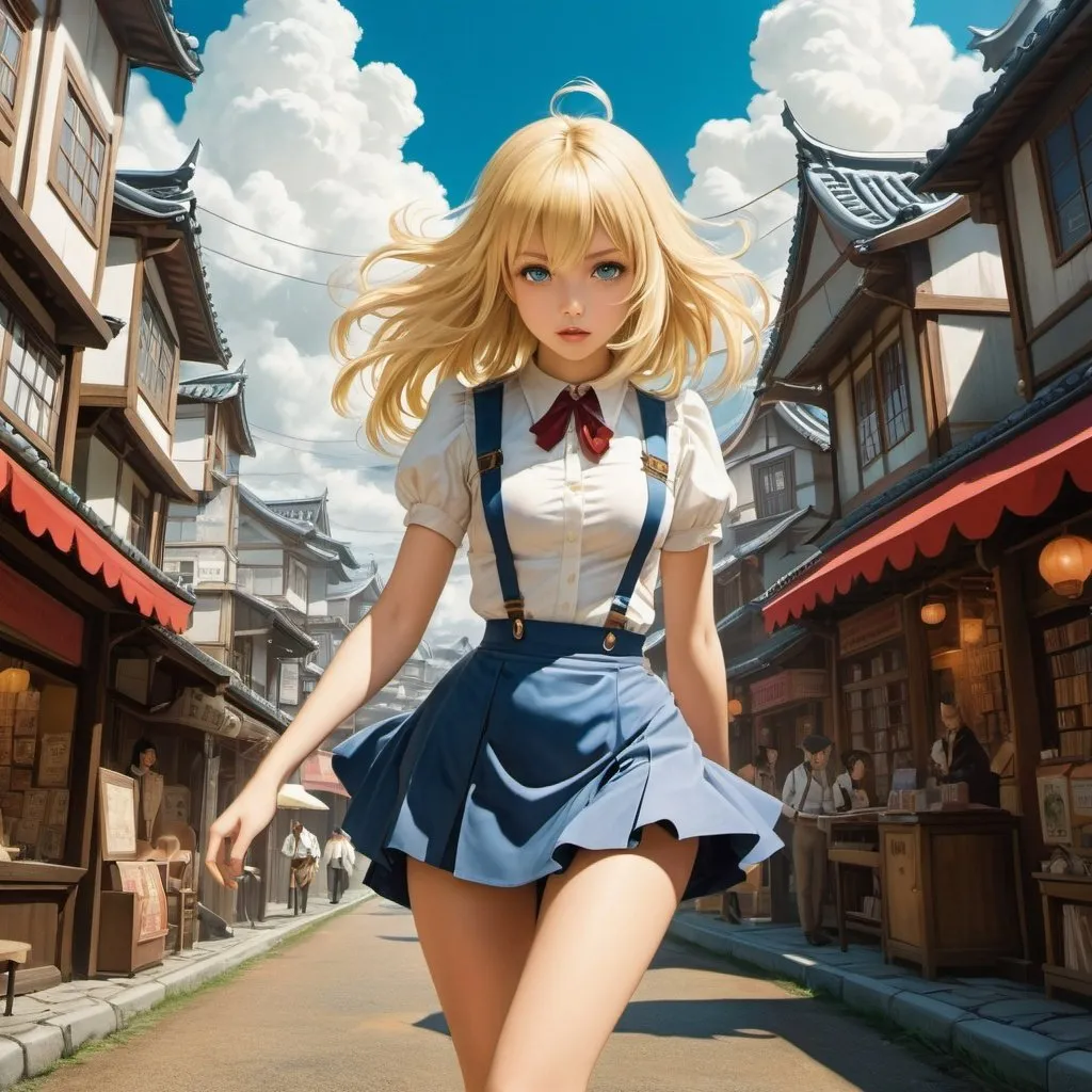 Prompt: Crisse, Benjamin Armand Rabier, Surreal, mysterious, strange, fantastical, fantasy, Sci-fi, Japanese anime, a town of anthropomorphic stationery, a blonde miniskirt beautiful girl Alice wanders into, perfect voluminous body, detailed masterpiece 