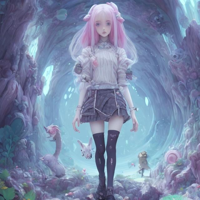 Prompt: Henriette Willebeek le Mair, Surreal, mysterious, bizarre, fantastical, fantasy, sci-fi, Japanese anime, beautiful blonde miniskirt girl Alice explores the underground kingdom of the hollow earth, accompanied by a rabbit walking on two legs in clothes, underground crystal forest, ore vein inside the cave, hyper detailed masterpiece high resolution definition quality, depth of field cinematic lighting 