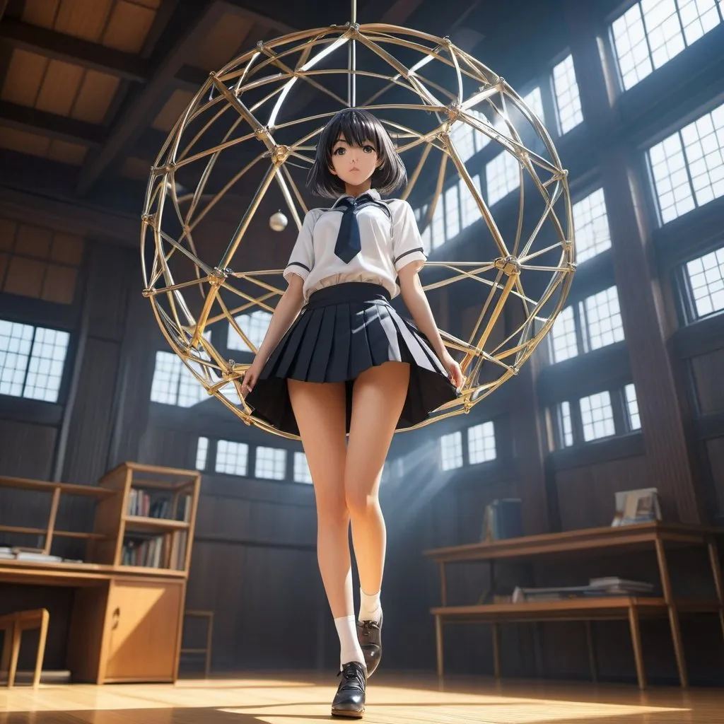 Prompt: Alberto Savinio, Keiichi Okamoto, Surreal, mysterious, strange, fantastical, fantasy, Sci-fi, Japanese anime, tensegrity structure, mysterious object, balancing, sway, miniskirt beautiful high school girl, perfect voluminous body, detailed masterpiece 