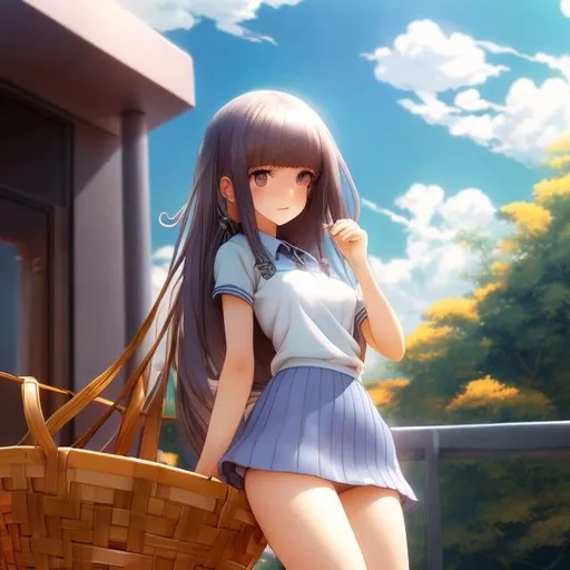 Prompt: Wenzel Jamnitzer, Jenna Kunnas, Surreal, mysterious, strange, fantastical, fantasy, Sci-fi, Japanese anime, classroom in a basket, departing ship, beautiful miniskirt girl, perfect voluminous body, detailed masterpiece 