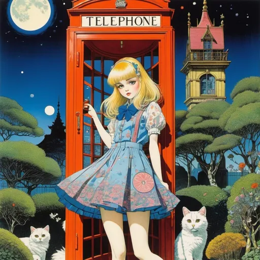 Prompt: Harry Clarke, katsuhiro Otomo, Kenny Meadows, Alfred Garth Jones, Louis Wain, Surrealism, wonder, strange, fantastical, fantasy, Sci-fi, Japanese anime, midday moonlight, Alice's tea party with the beautiful blonde miniskirt girl who descends on the schoolyard, perfect voluminous body, love in a telephone booth, detailed masterpiece 