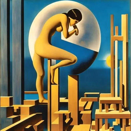 Prompt: Max Ernst, Koloman Moser, Surreal, mysterious, strange, fantastical, fantasy, Sci-fi, Japanese anime, a beautiful girl building with wooden blocks, perfect voluminous body, solo girl, ladder, planet on earth, detailed masterpiece 