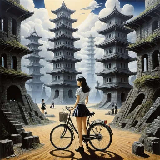 Prompt: Ayami Kojima, Jurgen Ziewe, Paul Delvaux, Kunio Okawara, Shigeru Hatsuyama, Surrealism, wonder, strange, fantastical, fantasy, Sci-fi, Japanese anime, landscape with ruins in the future, towers of empty shells, comets that have fallen to the ground, geometry dancing in the air, bicycle trip of a beautiful high school girl in a miniskirt, perfect voluminous body, detailed masterpiece 