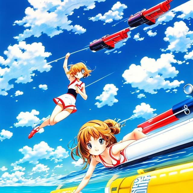 Prompt: Kenji Tsuruta style, Japanese manga, girl, swimsuit, on submarine, blue sky, 