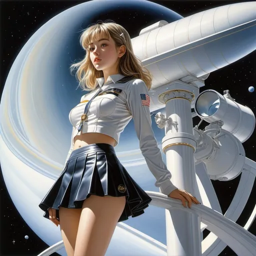 Prompt: Erin Stead, Hajime Sorayama, Surreal, mysterious, bizarre, fantastic, fantasy, Sci-fi fantasy, anime, viewing Saturn in perspective, optical lens system design for an astronomical telescope, miniskirt astronomical beautiful high school girl, perfect voluminous body, cross-sectional view, developed view, detailed masterpiece 