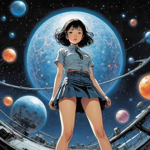 Prompt: Naoyuki Kato, Chiho Saito, Yuko Shimizu, Desmond Digby, Frank Miller, Surrealism Mysterious Weird Fantastic Fantasy Sci-fi, Japanese Anime, Orion Radio, Miniskirt Beautiful Girl DJ, Nebula, cradle of stars, detailed masterpiece 