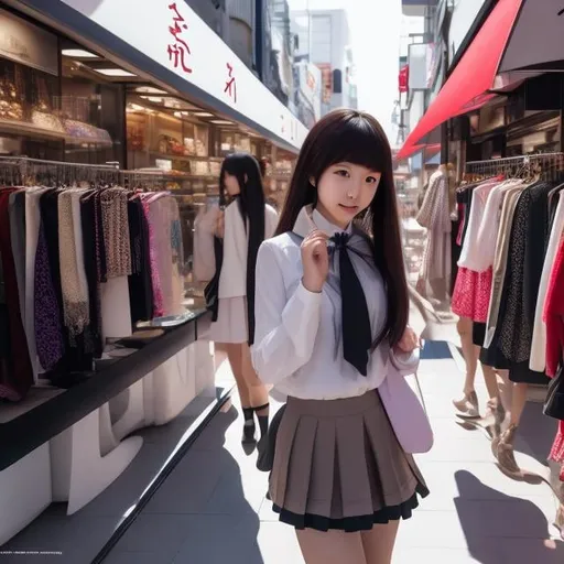 Prompt: François Bourgeon, Wolf Erlbruch , Surreal, mysterious, strange, fantastical, fantasy, Sci-fi, Japanese anime, Kara no Kyoukai, a beautiful high school girl in a miniskirt enjoying shopping in Ginza, detailed masterpiece 