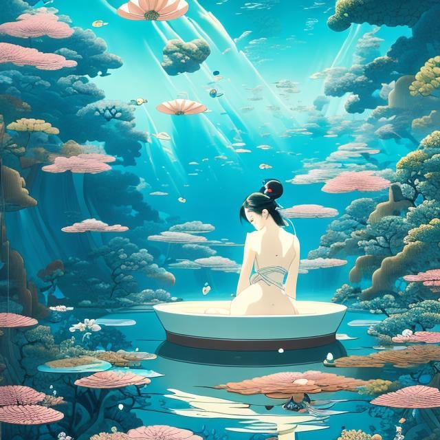 Prompt: Thomas Crane, Ukiyo-e style Japanese anime surreal mysterious strange bizarre sci-fi illusion fantasy world submerged in a bathtub, hyperdetailed high resolution high definition high quality masterpiece 