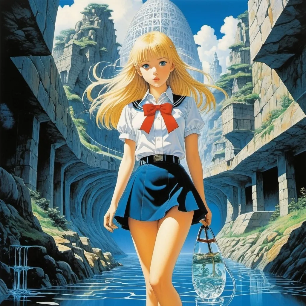 Prompt: Satoru Akahori, Martin Battersby, Jan Sawka, Katsuhiro Otomo, Rudolf Bauer, Surrealism, mysterious, bizarre, fantastical, fantasy, Sci-fi, Japanese anime, underground water veins of European civilization, system of dreams and symbols, beautiful blonde miniskirt girl Alice, perfect voluminous body, architecture, physics, mathematics, optics, detailed masterpiece 