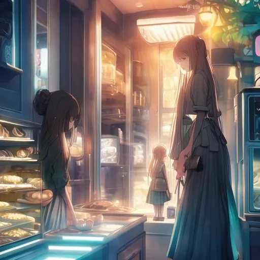 Prompt: Junaida, Heikala, James Jean, Surreal, mysterious, bizarre, fantastical, fantasy, sci-fi, Japanese anime, A magical bakery that is only open late at night, Cakes, croissants, everything is delicious, Very popular with miniskirt beautiful high school girls, perfect body, There is always a line even in the middle of the night, hyper detailed masterpiece, high resolution definition quality, depth of field cinematic lighting 