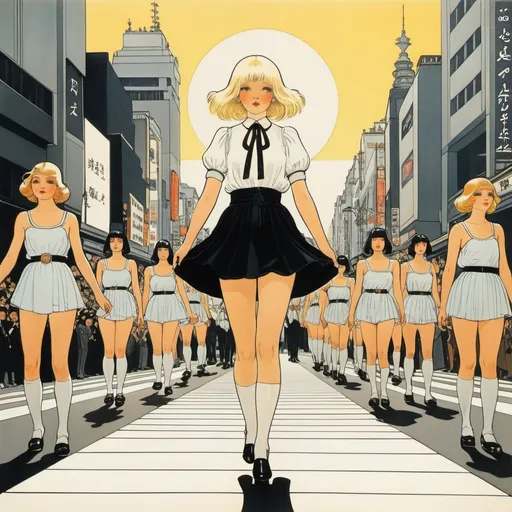 Prompt: Sulamith Wülfing, Friedrich Schröder Sonnenstern, Dariusz Zawadzki, George Barbier, Elsa Beskow, Surrealism, mysterious, bizarre, fantastical, fantasy, Sci-fi, Japanese anime, beautiful blonde miniskirt girl Alice leads the parade of mourning gods, perfect voluminous body, Shibuya Scramble Crossing, detailed masterpiece  happy coquettish 