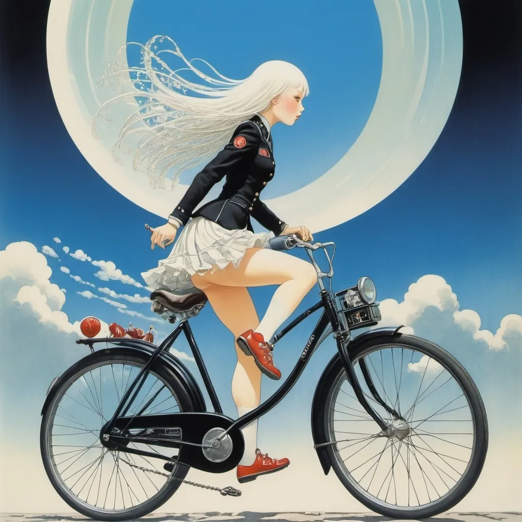 Prompt: Kay Nielsen, Ladislav Sutnar, Maria Louise Kirk, Václav Vaca, Katsuhiro Otomo, Surrealism, Mysterious, Weird, Outlandish, Fantasy, Sci-Fi, Japanese Anime, Miniskirt Beautiful High School Girl Pedaling a Bicycle, perfect voluminous body, Chasing the Horizon, detailed masterpiece low high angles perspectives zoom in dynamic 