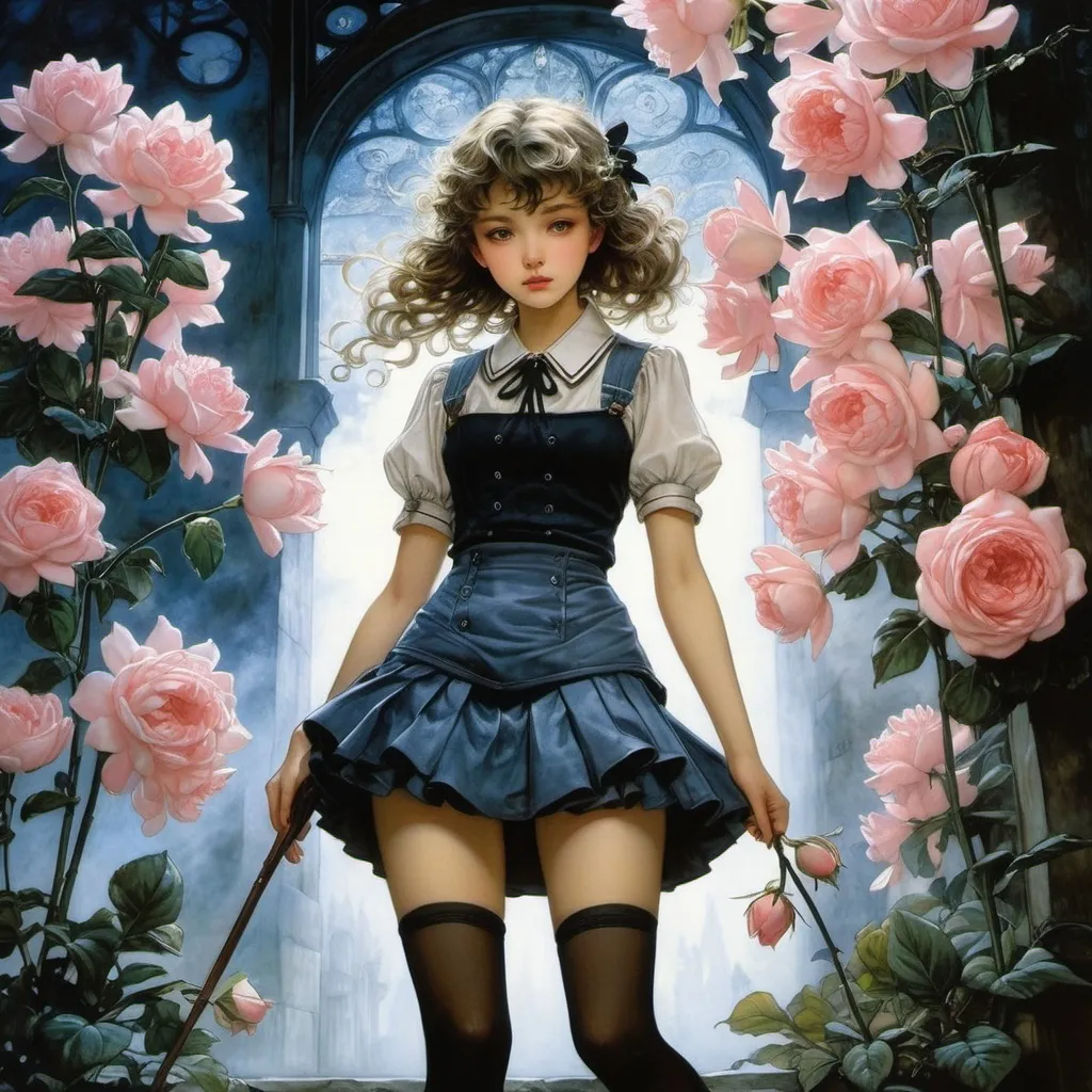 Prompt: Andreas Untersberger, Arthur Rackham, Franz Cižek, Surrealism Mysterious Weird Fantastic Fantasy Sci-Fi, Japanese Anime, Fairy Tale of Hyacinths and Roses, Hymn of the Night, Miniskirt Beautiful High School Girl, perfect voluminous body, detailed masterpiece 