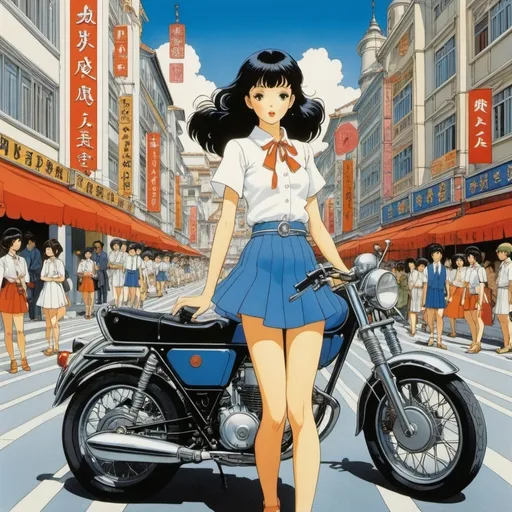 Prompt: George Barbier, Katsuhiro Otomo, Filippo De Pisis, Achille Beltrame, Moto Hagio, Surrealism Mysterious Weird Fantastic Fantasy Sci-Fi, Japanese Anime, Summer Ark, Flood in the Town Square, Beautiful High School Girl in a Mini Skirt, perfect voluminous body, detailed masterpiece 