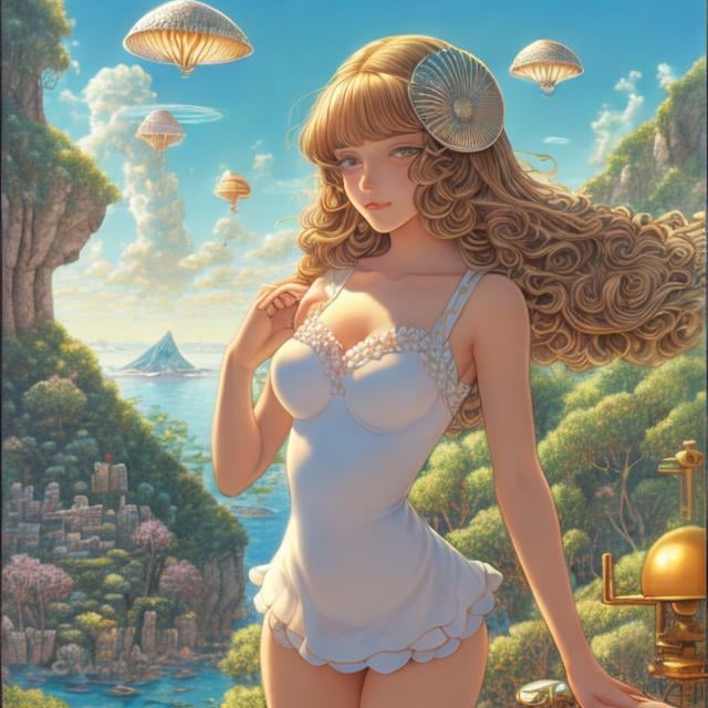 Prompt: Tony DiTerlizzi, Achille Mauzan, Surreal, mysterious, strange, fantastical, fantasy, Sci-fi, Japanese anime, invisible years, the shell of Jupiter, the miniskirt beautiful girl in the cafe, perfect voluminous body, detailed masterpiece 