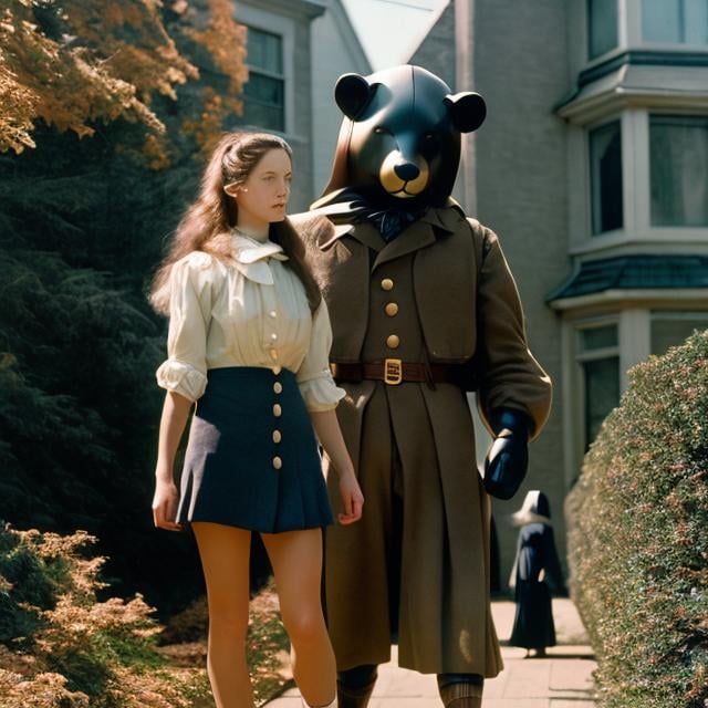 Prompt: Mabel Attwell, Andrew Wyeth, Surreal, mysterious, strange, fantastical, fantasy, sci-fi, Japanese anime, a gigantic teddy bear approximately 10 meters tall, walking through the streets of Toronto, with a beautiful blonde miniskirt girl, Alice, sitting on his shoulder, detailed masterpiece 