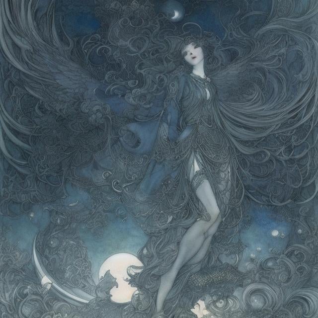 Prompt: Arthur Rackham, James Jean, Surreal, mysterious, strange, fantastical, fantasy, Sci-fi, Japanese anime, miniskirt Kamunagi beautiful girl, perfect voluminous body, fallen angel of the moon in the basement, Melancholia, detailed mad 