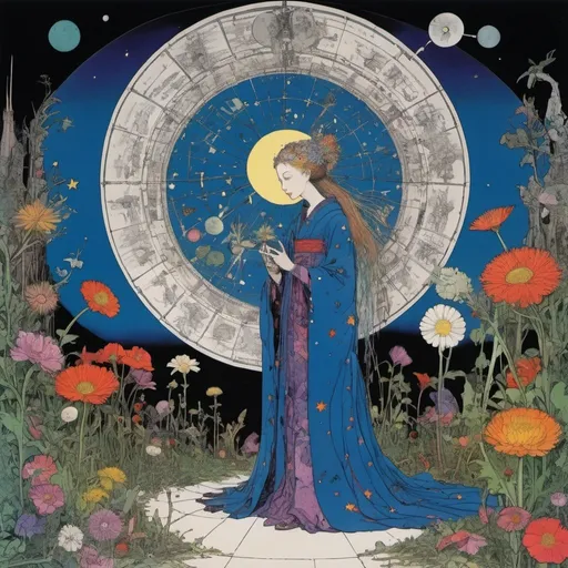 Prompt: Harry Clarke, Quentin Blake, Ernst Konrad Theophil Kreidolf, Surreal, Mysterious, Strange, Fantastic, Fantasy, Sci-Fi, Japanese Anime According to the philosophy of astrology, plants are stars on earth.In the beginning, God Almighty created a garden. It is truly the purest of human pleasures, views of nature, aesthetics, philosophy, science, engineering, propaganda devices, ancient sculptures, visual effects, urban planning, beautiful lady, detailed masterpiece 