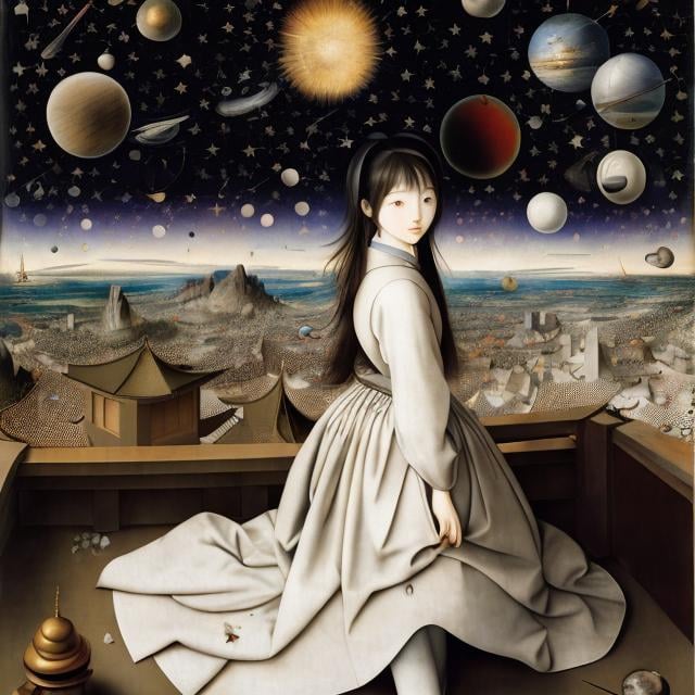 Prompt: Ayano Imai, Pieter Bruegel the Elder, Surreal, mysterious, bizarre, fantastical, fantasy, Sci-fi, Japanese anime, cosmological natural history, the glittering transparent celestial sphere of Aristotle, the imaginary time universe creation model, fragments of dreams are scattered, astronomy, physics, philosophy, religion, miniskirt beautiful girl looking at the stars, perfect voluminous body, detailed masterpiece 