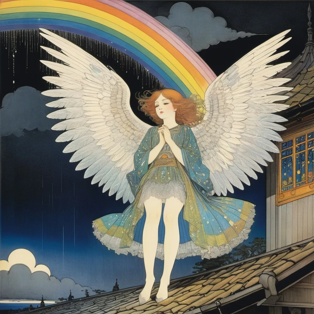 Prompt: Harry Clarke, Alfred Freddy Krupa, Ida Rentoul Outhwaite, Pamela Lofts, Surrealism, wonder, strange, fantastical, fantasy, Sci-fi, Japanese anime, beautiful angel in a miniskirt under the eaves, perfect voluminous, sheltering from the rain, looking up at the rainbow in the distance, detailed masterpiece