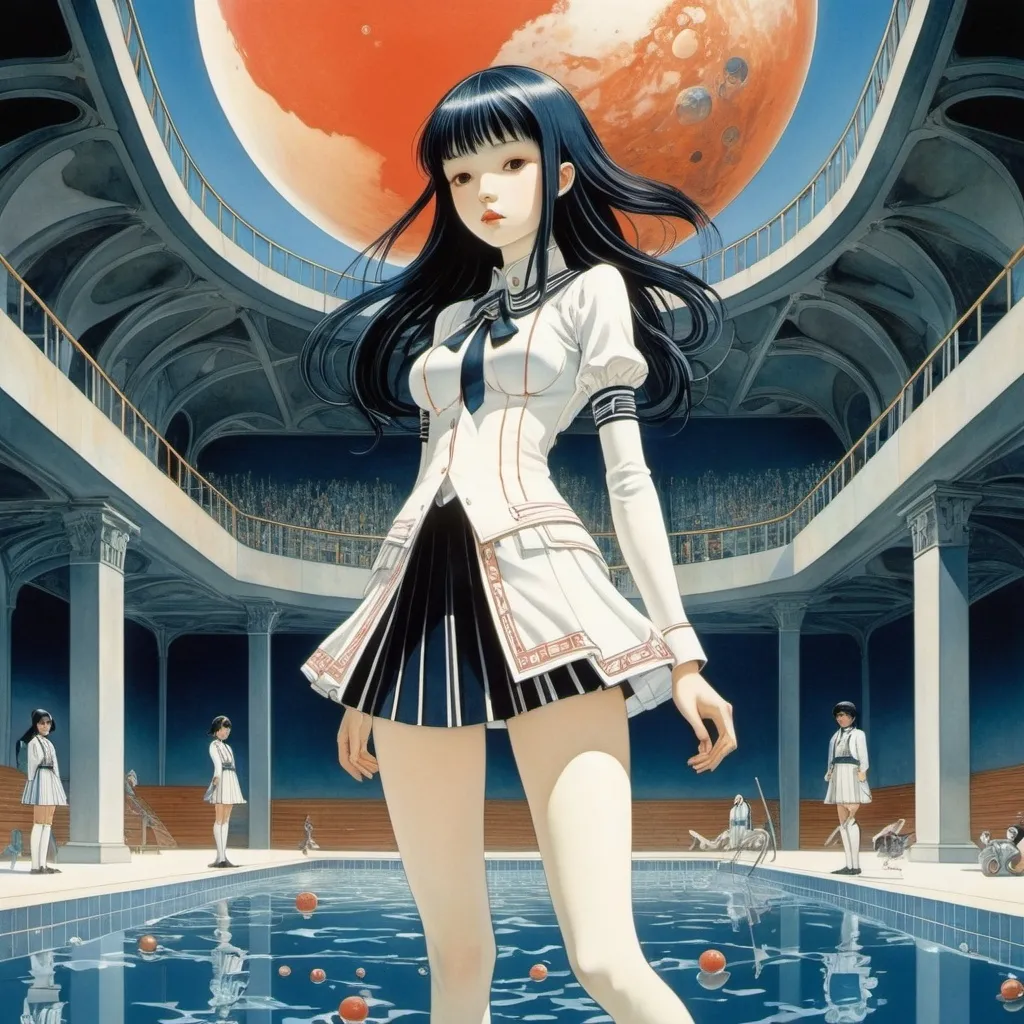 Prompt: Kay Nielsen, Yuu Watase, James Jean, Mirko Hanák, Josef Liesler, Surrealism, wonder, strange, bizarre, fantasy, Sci-fi, Japanese anime, tower of genes, Mars floating in the school pool, beautiful high school girl in a miniskirt, perfect voluminous body, detailed masterpiece 