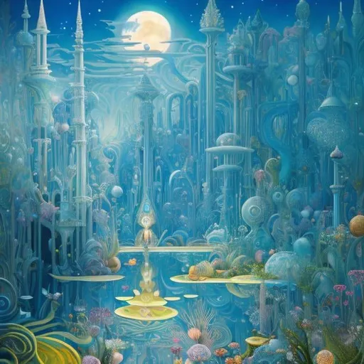 Prompt: Kay Nielsen, Frank Pape, Paul Delvaux, Japanese Anime, Mysterious Bizarre Fantastic Surreal Absurd Fantasy Sci-Fi Fantastic, Alice in Wonderland, Hollow Earth, Journey to the Underground, A Group of Floating Jewels,, Moon Sun Star, Pet Robot Dog, Wreckage of a Crashed Plane, Eternal Flame, hyper detailed, high resolution high definition high quality masterpiece 
