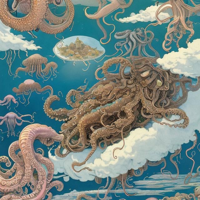 Prompt: Walter Crane,  Barbara Cooney, François-Louis Schmied, Japanese anime Sci-Fi Fantasy　country above the clouds　Ukishima　Beetle Taxi　Fish in the sea of clouds、octopuses、jellyfish　Little girl in a taxi Hyperdetailed high definition high resolution high quality masterpiece