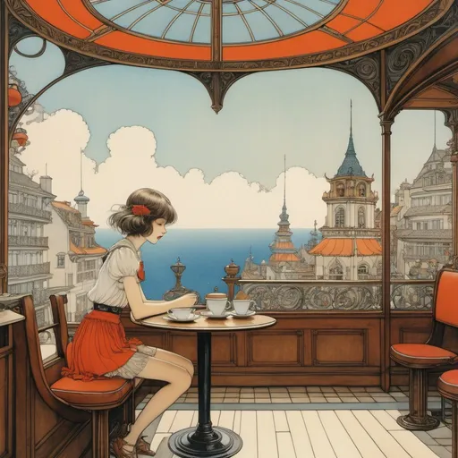 Prompt: Arthur Rackham, Jean Giraud, George Barbier, Surreal, mysterious, strange, fantastical, fantasy, Sci-fi, Japanese anime, spaceship sinking into a coffee cup, beautiful high school girl in a miniskirt studying at a cafe, perfect voluminous body, aerial patio, detailed masterpiece high angles 