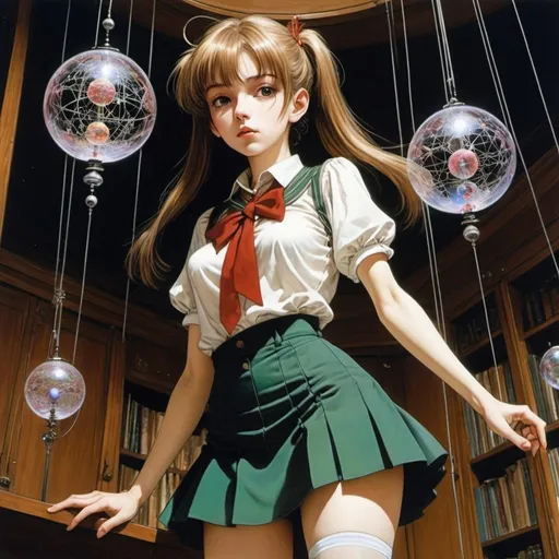 Prompt: Beatrice Cerocchi, Joanna Concejo, Rita Petruccioli, Harry Clarke, Surrealism, Mysterious, Strange, Outlandish, Fantasy, Sci-fi, Japanese Anime, Newton's Cradle, Law of Conservation of Momentum, Legend of Geophysics, Miniskirt Beautiful High School Girl, perfect voluminous body, detailed masterpiece 