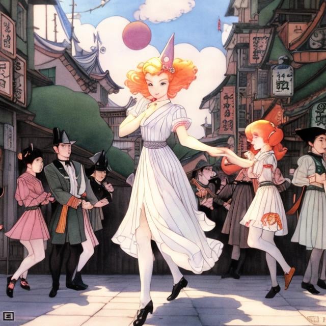 Prompt: Elsa Beskow, Minako Narita, George Barbier, Surreal, mysterious, bizarre, fantastical, fantasy, Sci-fi, Japanese anime Alice, a beautiful blonde mini-skirt girl happily dancing samba in Asakusa. Dancing with her are the General, King Kong, Count Dracula, Peter Pan, and the Fairy Queen. Happy, fun, and dynamic. The audience laughing, attracting attention, detailed masterpiece 