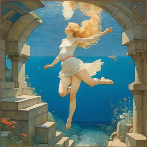 Prompt: Frederick Cayley Robinson, Margaret Tarrant, Elsa Beskow, Edward Reginald Frampton, Jan Toorop, Surrealism, wonder, strange, bizarre, fantasy, Sci-fi, Japanese anime, underwater archeology, Earth's last frontier, beautiful high school girl in a miniskirt diving, perfect voluminous body, detailed masterpiece 