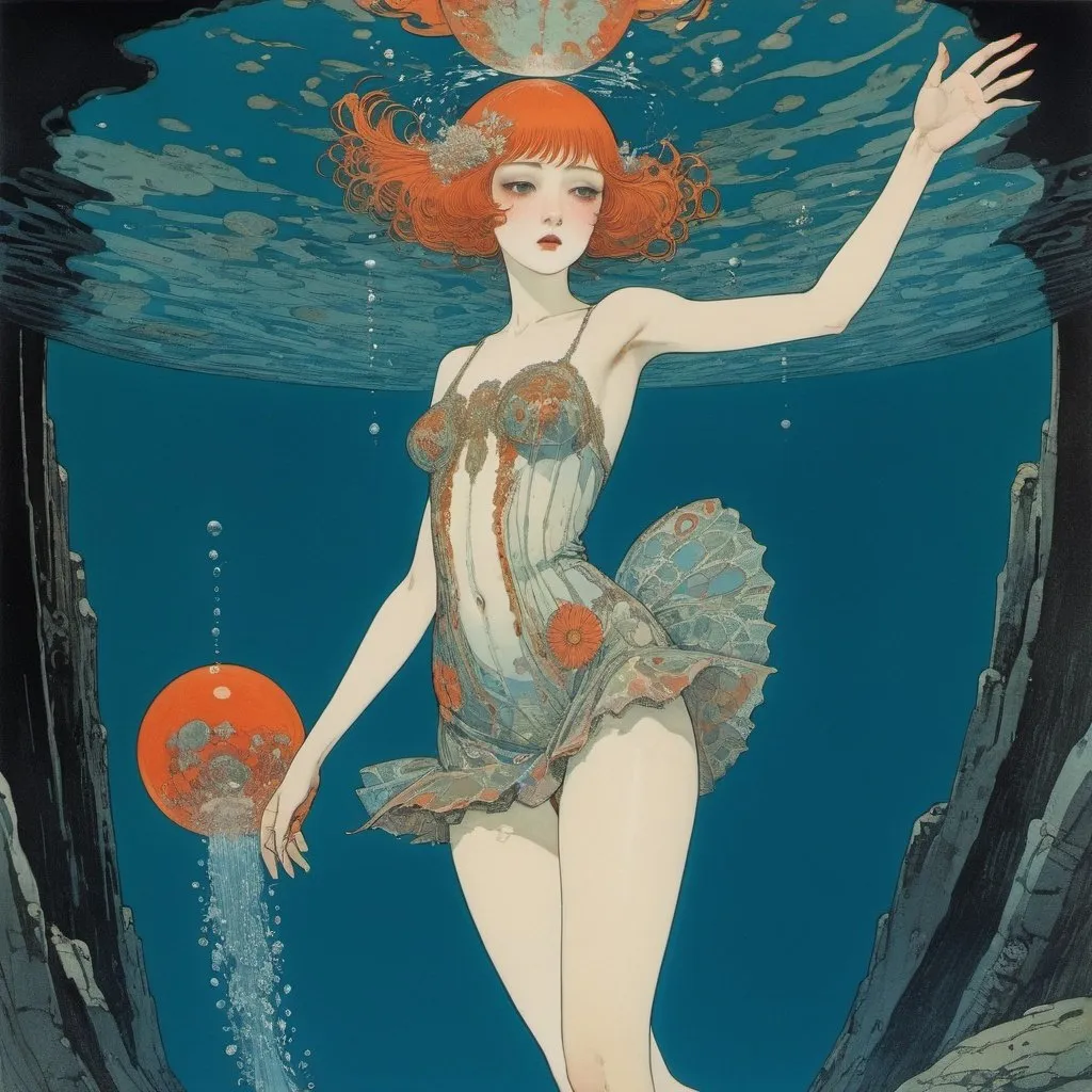 Prompt: Harry Clarke, Yu Watase, George Barbier, Surreal natural history, mysterious, bizarre, fantastical, fantasy, sci-fi, Japanese anime, Mars sinking to the bottom of the pool, beautiful girl in a miniskirt walking underwater, perfect voluminous body, wet skin glistening, detailed masterpiece 