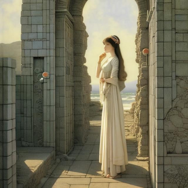 Prompt: Frederick Cayley Robinson, Edgar P. Jacobs, Surreal, mysterious, strange, fantastical, fantasy, Sci-fi, Japanese anime, Beach of Babylon, beautiful girl in a rider suit, perfect body, return to the future, door of time, hyper detailed masterpiece 