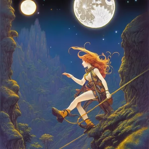 Prompt: Frank Pape, Maurice Sendak, Japanese anime surreal mysterious strange sci-fi fantasy fantasy climbing the full moon crescent moon girl walk, manga lines, hyperdetailed high resolution high definition high quality masterpiece