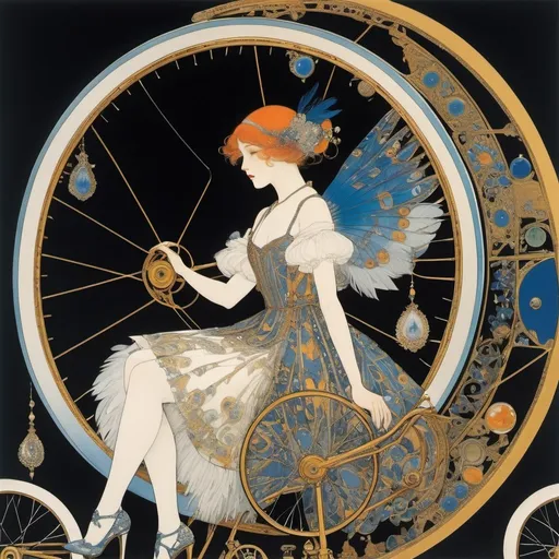 Prompt: Harry Clarke, Leon Bakst, Ola Fogelberg, Jean-Jacques Sempé, Surrealism, strange, bizarre, fantastical, fantasy, Sci-fi, Japanese anime, a free world hidden in objects, Bicycle wheels, bottle dryers, high heels, teacups, feathers, miniskirt beautiful high school girl observer, perfect voluminous body, detailed masterpiece perspectives low high angles 