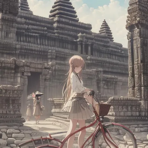 Prompt: Charles Robinson, Katsuhiro Otomo, Japanese anime mysterious strange bizarre surreal sci-fi fantasy miniskirt high school girl bicycle trip Angkor Wat, hyperdetailed high resolution high definition high quality masterpiece