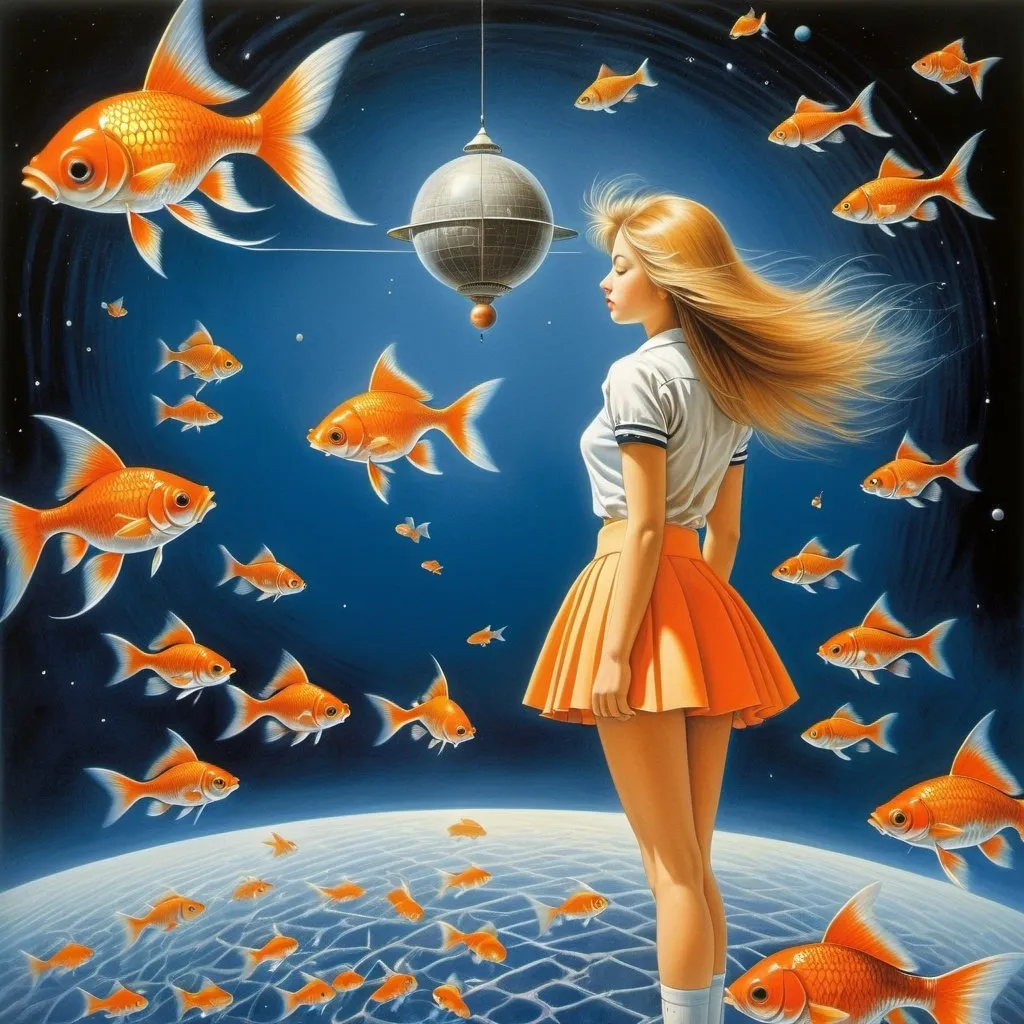 Prompt: Remedios Varo, Peter Elson, Surreal, mysterious, strange, fantastical, fantasy, Sci-fi, Japanese anime, prism, school of goldfish, orbiting satellite, beautiful high school girl in miniskirt, perfect voluminous body, detailed masterpiece, hand colour drawings