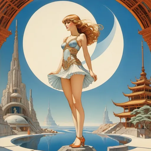 Prompt: Danny Flynn, Bruce Pennington, Walter Crane, Sydney Sime, Richard Doyle, George Barbier, Surrealism, strange, bizarre, fantastical, fantasy, Sci-fi, Japanese anime, persistence of memory, 3D space on paper, perspective representation of a beautiful girl in a miniskirt, perfect voluminous body, dynamic poses, cross-sectional view, perspective view, detailed masterpiece 