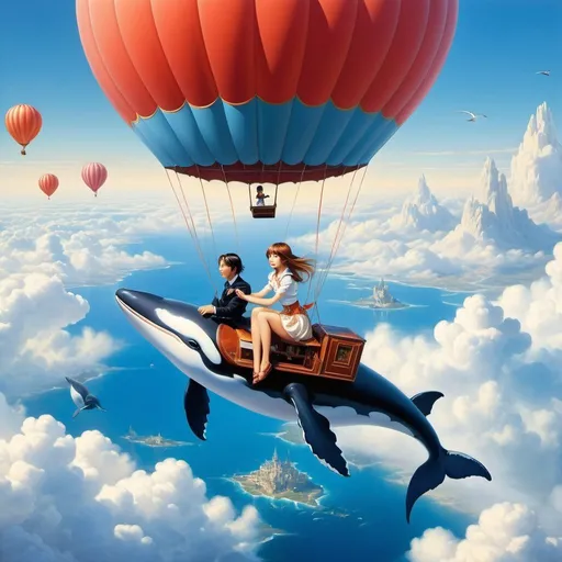 Prompt: Christian Riese Lassen, Raphael Delorme, Wladyslaw Benda, Surrealism, wonder, strange, bizarre, fantasy, Sci-fi, Japanese anime, whale above the clouds, miniskirt beautiful girl on a balloon ride, perfect voluminous body, greetings, detailed masterpiece bird’s eye views wide angles perspectives 