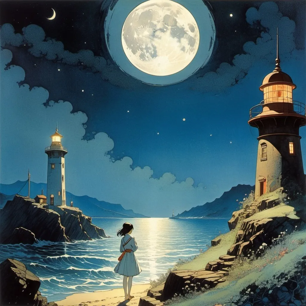 Prompt: Ryūichirō Kutsuzawa, Sidney Sime, Surreal, mysterious, strange, fantastical, fantasy, sci-fi, Japanese anime, the moon in a travel bag, to the border between sea and earth, a beautiful girl in a miniskirt of a lighthouse, perfect voluminous body, detailed masterpiece 